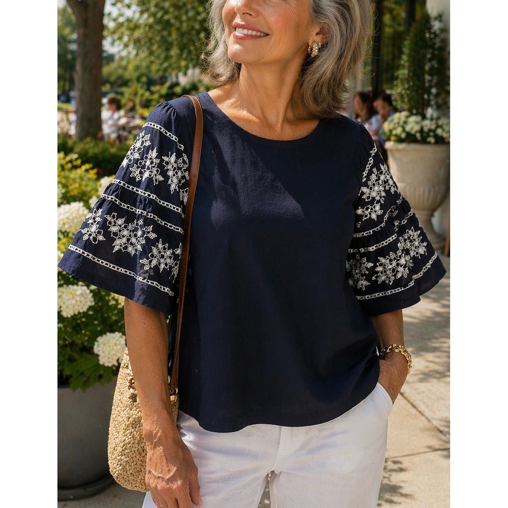 Chico's Womens Top Navy Blue Small Embroidered Boho Casual Summer Coastal